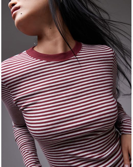 TOPSHOP Red Stripe Long Sleeve Crew Neck Mini Dress