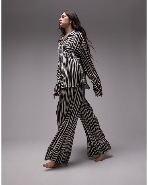 TOPSHOP Gray Satin Stripe Print Piped Shirt And Trouser Pyjama Set