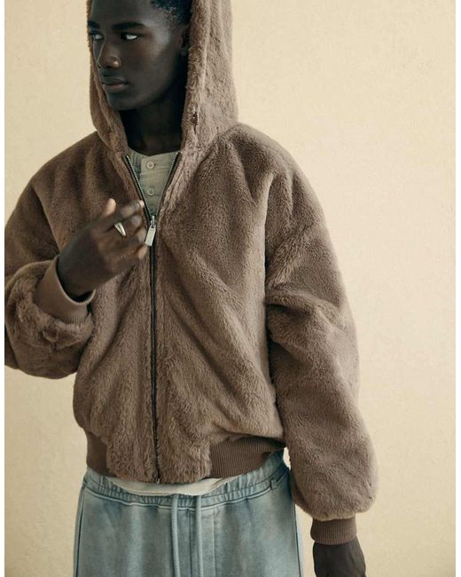 Bershka Natural Reversible Faux Fur Hooded Jacket for men