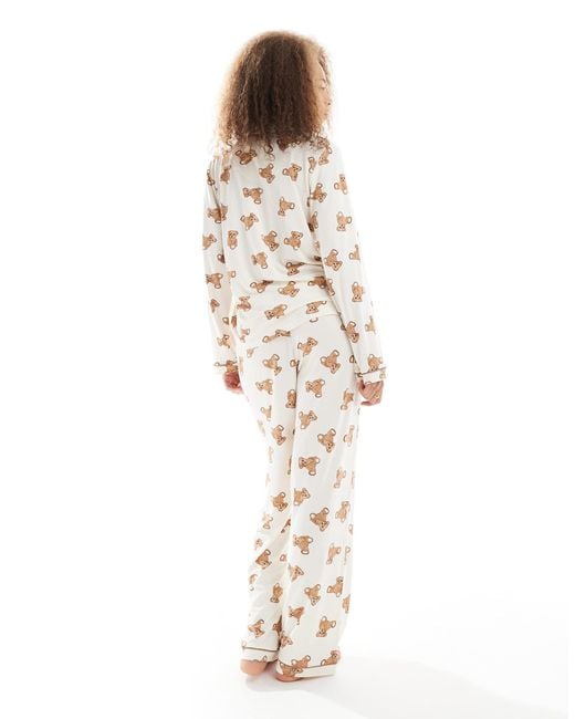 Loungeable White Super Soft Jersey Revere Top And Wide Leg Pyjama Set With Piping Detail