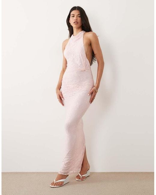 ASOS Pink Lace Twist Bust Halter Open Back Maxi Dress