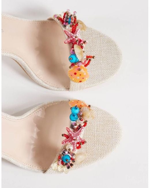 Public Desire White Coastal Tie Leg Heeled Sandals With Faux Shell Appliques