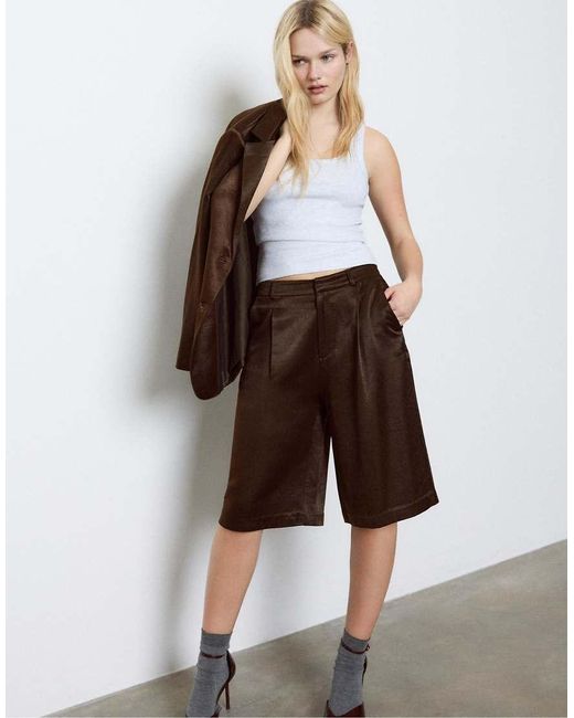 Stradivarius Brown Satin Bermuda Shorts With Darts