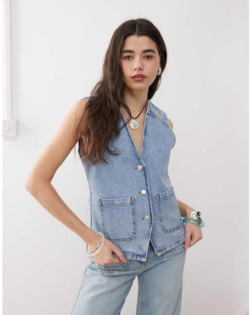 Reclaimed Vintage Blue Denim 70s Waistcoat Co-ord With Patch Pockets