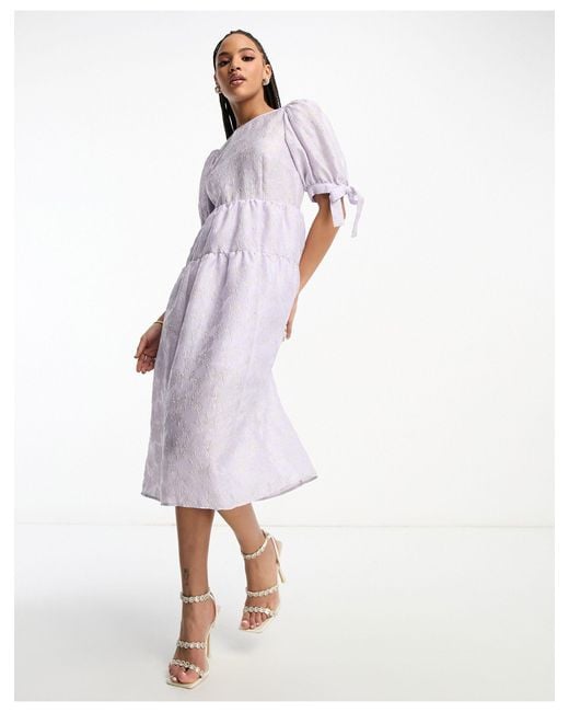 Monki White Balloon Sleeve Floral Shimmer Brocade Midi Dress