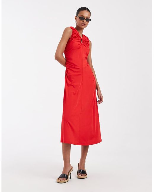 & Other Stories Red Ruched Sleeveless Midi Dress With Keyhole