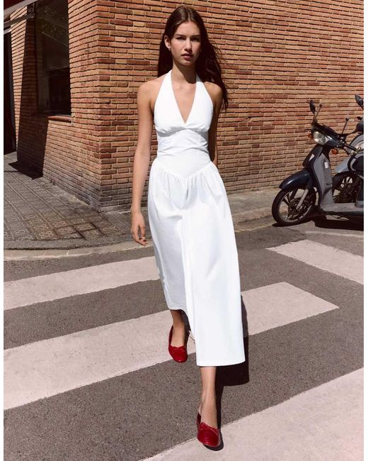 Bershka Brown Long Halter Poplin Dress