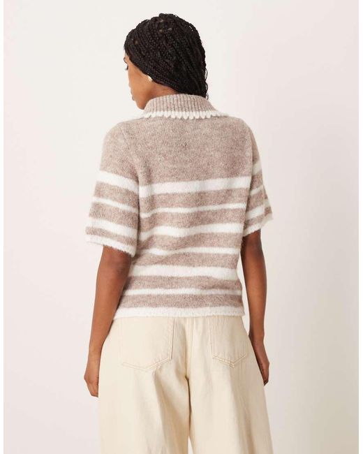 ASOS Natural Short Sleeve Frill Detail Knitted Polo