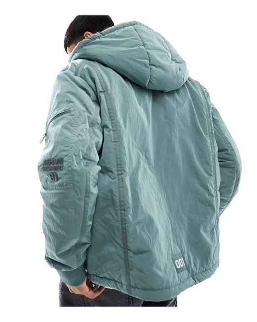 Armani Exchange Blue Utility Crinkle Nylon Hooded Bomber Jacket for men
