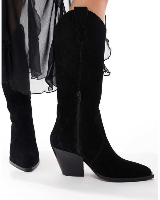 OFF THE HOOK Black 'Texas' Block Heel Western Knee Suede Leather Boots