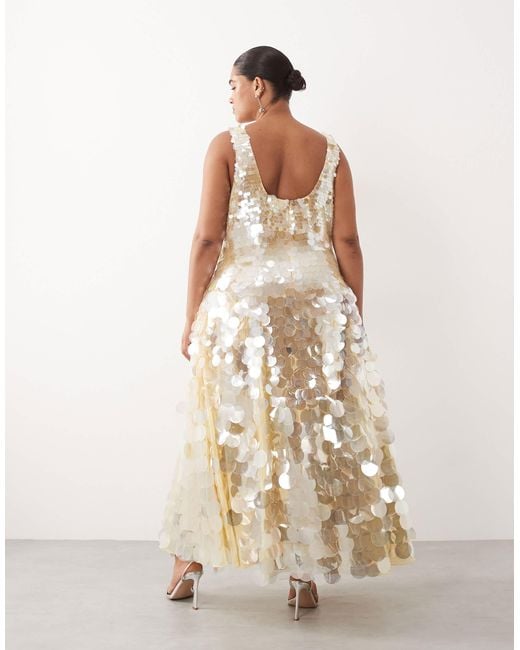 arrange embellished disc sequin square neck full skirt midi dress ARRANGE Curve Embellished Disc Sequin Square Neck Full Skirt Midi Dress in  Natural
