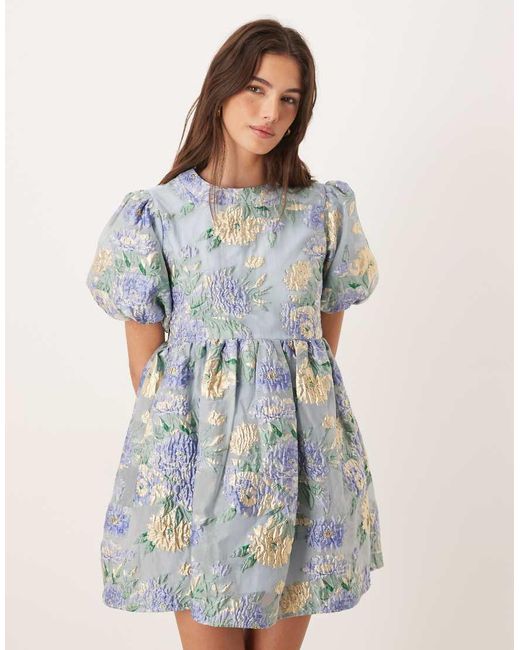 Sister Jane Blue Dream Honey Exclusive Jacquard Puff Sleeve Mini Dress