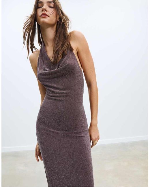 Stradivarius Purple Metallic Thread Halter Midi Dress