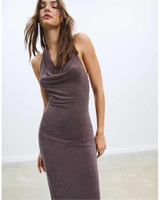 Vestito Midi Allacciato Al Collo Con Filo Metallizzato di Stradivarius in Purple
