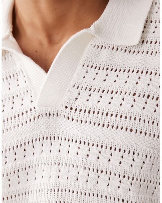 Only & Sons White Drop Shoulder Open Knit Split Neck Polo for men