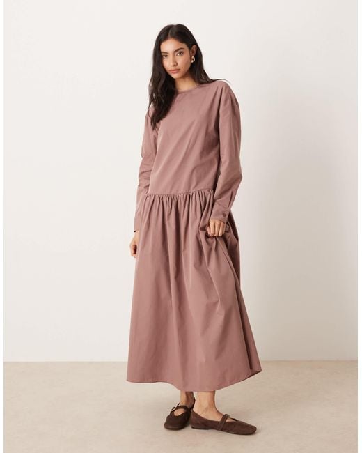 ASOS Pink Cotton Poplin Dropped Waist Maxi Smock Dress Deep Taupe
