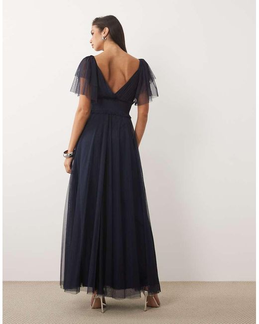 LACE & BEADS Blue Bridesmaid Shirred Waist V Neck Mesh Flutter Sleeve Maxi Dress
