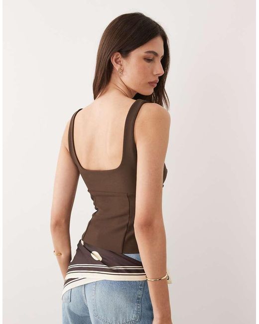 Mango Brown Square Neck Structured Sleeveless Top