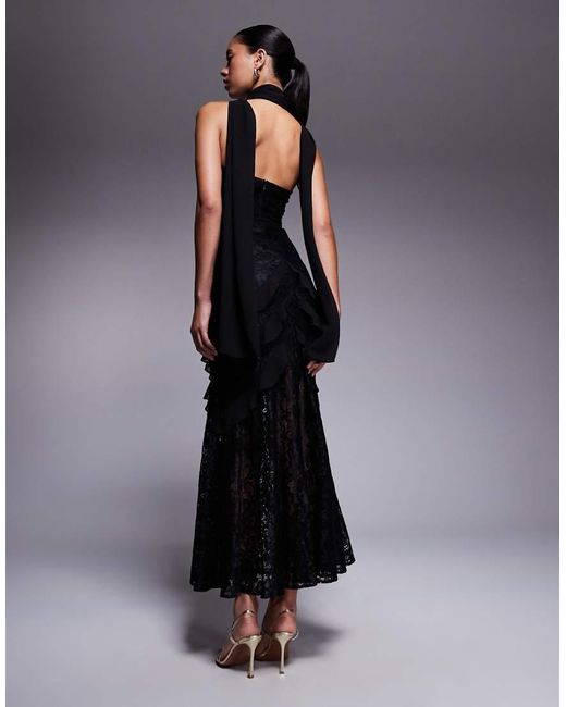 Forever New Blue Scarf Neck Ruffle Lace Maxi Dress
