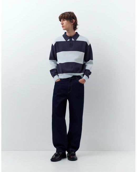 Pull&Bear Blue Long Sleeve Panelled Polo Shirt for men