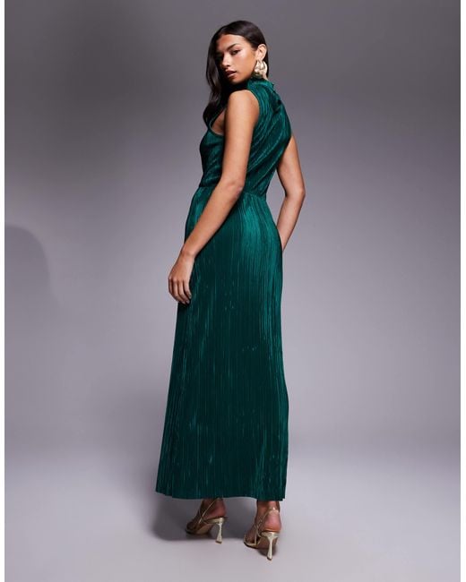 ASOS High Neck Pliss Maxi Dress in Green | Lyst