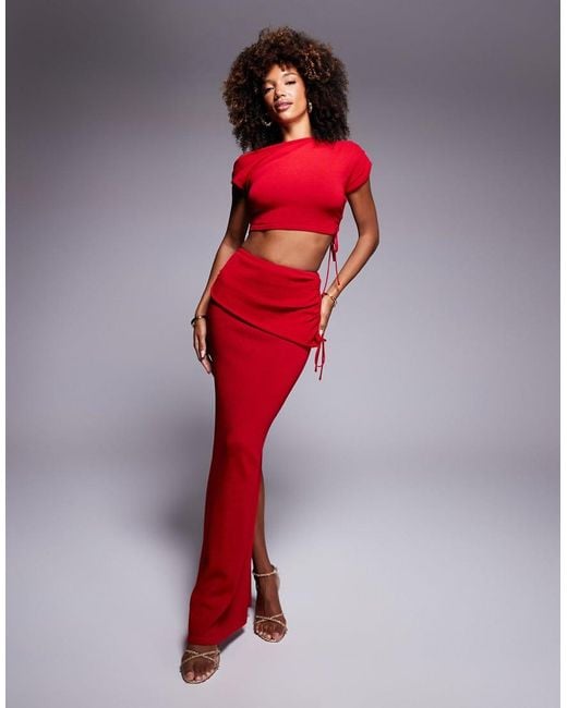 Wanderdoll Red Yris Knitted Off Shoulder Ruched Detail Top And Maxi Skirt Set