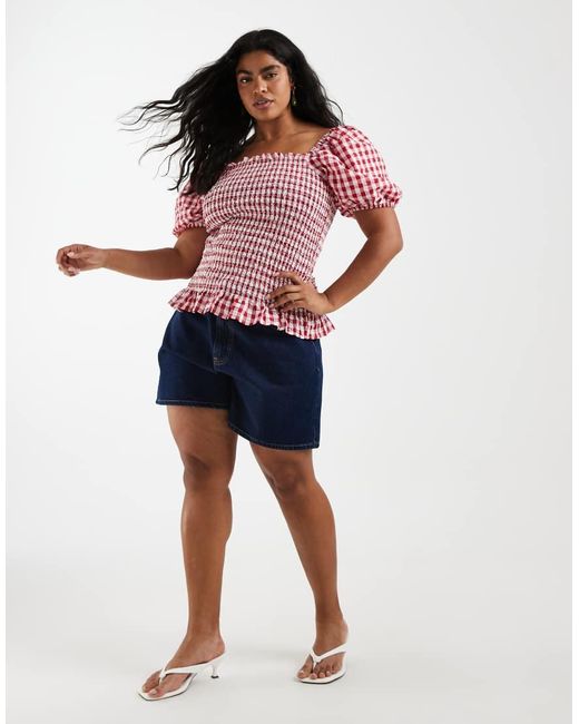 Vero Moda Red Shir Bodice Puff Sleeve Crop Top