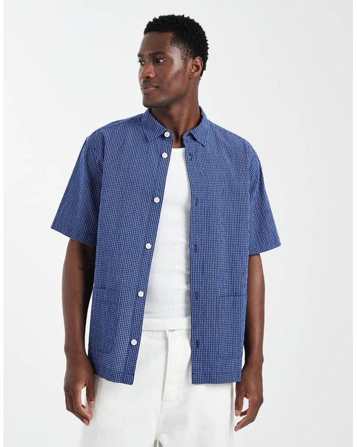 ASOS Blue Relaxed Micro Check Shirt With Pockets for men