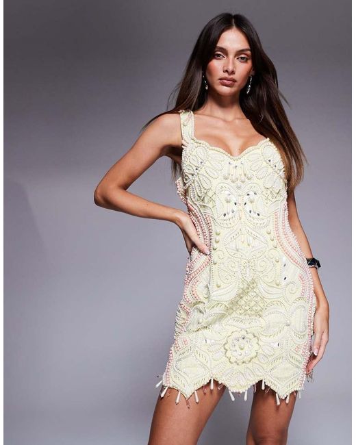 ASOS Yellow Pearl Encrusted Mini Dress