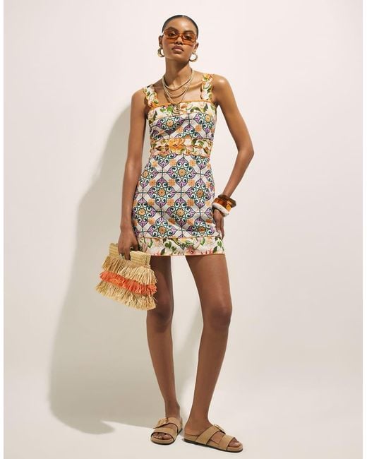 River Island Natural Tile Print Cutwork Mini Dress