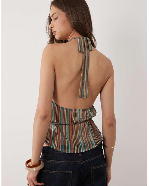 Motel Multicolor Brienne Blue Brown Stripe Shimmer Plisse Halter Top