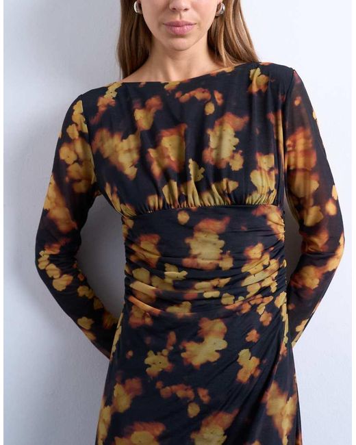 TOPSHOP Black Blurred Floral Print Long Sleeve Maxi Dress