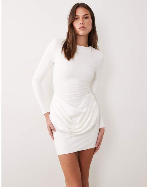 Wanderdoll White Storm Shoulder Pad Detail Long Sleeve Satin Drape Waist Mini Dress