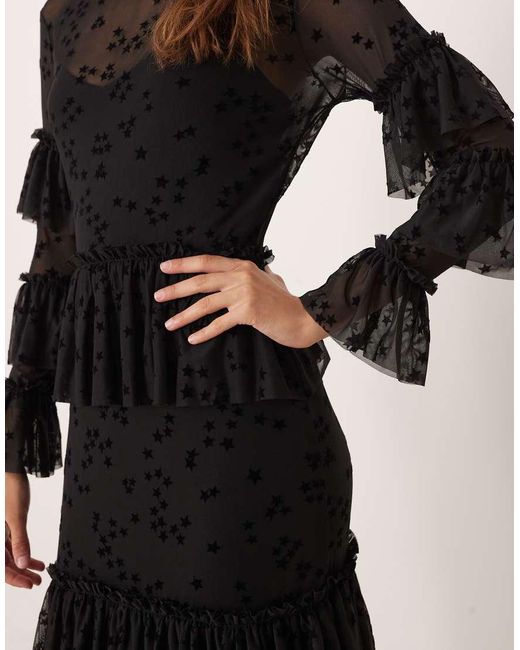 Never Fully Dressed Black Star Devore Ruffle Maxi Dress