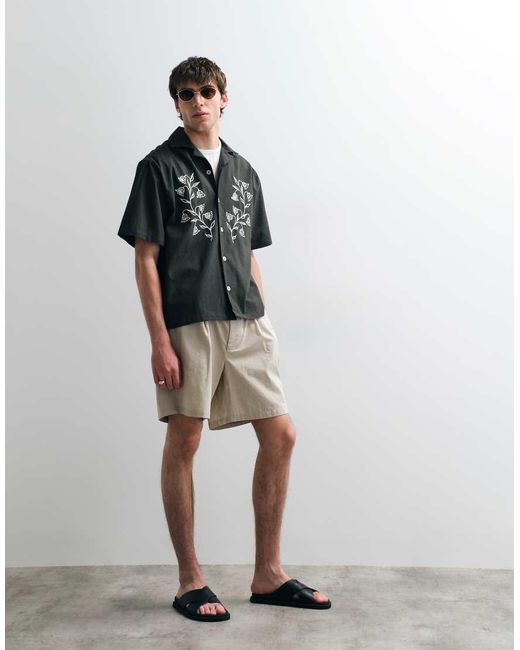 ASOS COLLECTIVE Black Relaxed Cotton Embroidered Shirt With Linen for men
