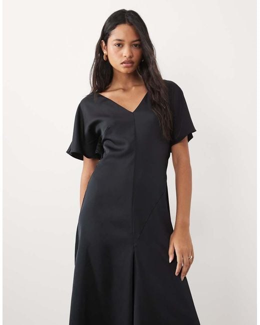 ASOS Black V Neck Satin Midi Tea Dress