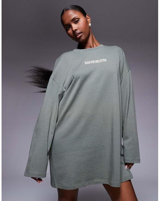 ASOS Gray Weekend Collective Oversized Long Sleeve T-shirt Dress With Back Logo