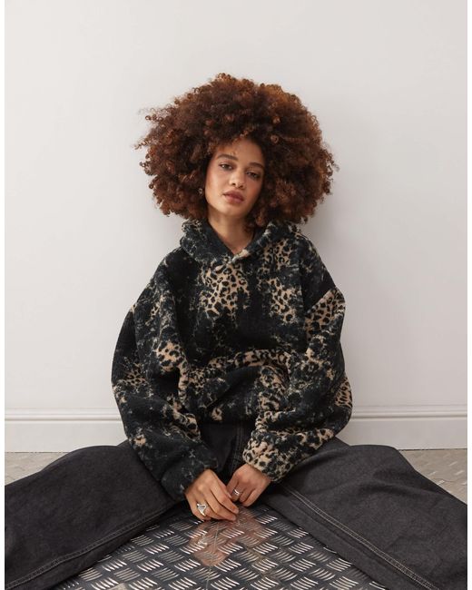 Collusion Colluion Borg Leopard Print Boxy Hoodie in Brown | Lyst