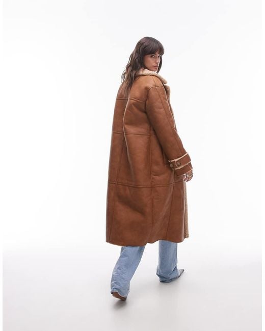 TOPSHOP Brown Faux Leather Shearling Long Aviator Jacket