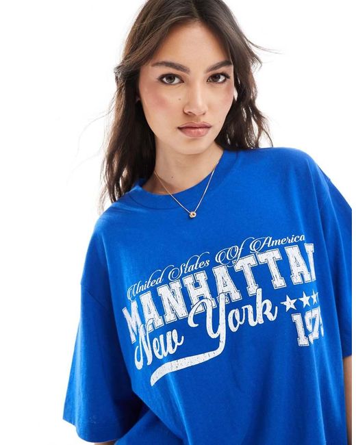 T-Shirt Oversize Effetto Lino Acceso Con Stampa “New York” di ASOS in Blue