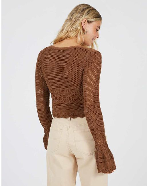 Brave Soul Brown V-Neck Tie Front Cardigan With Flared Cuffs