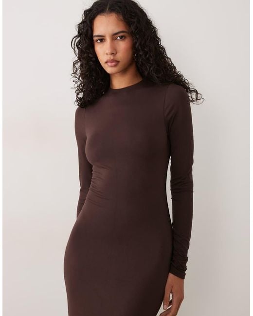 AFRM Brown Juniper Knit Crepe Mock Neck Long Sleeve Midi Dress