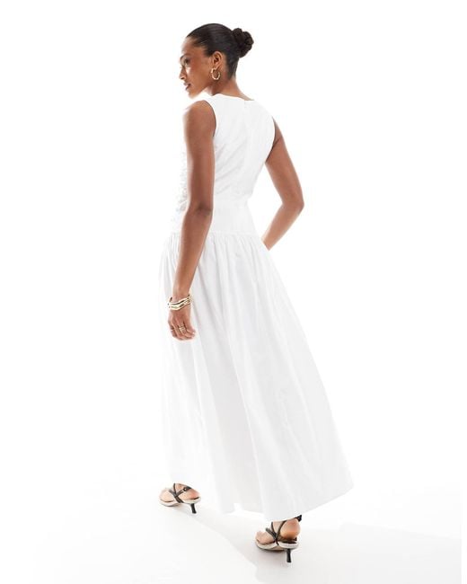 4th & Reckless White Ruched Poplin Sleeveless Drop Waist Maxi Dress