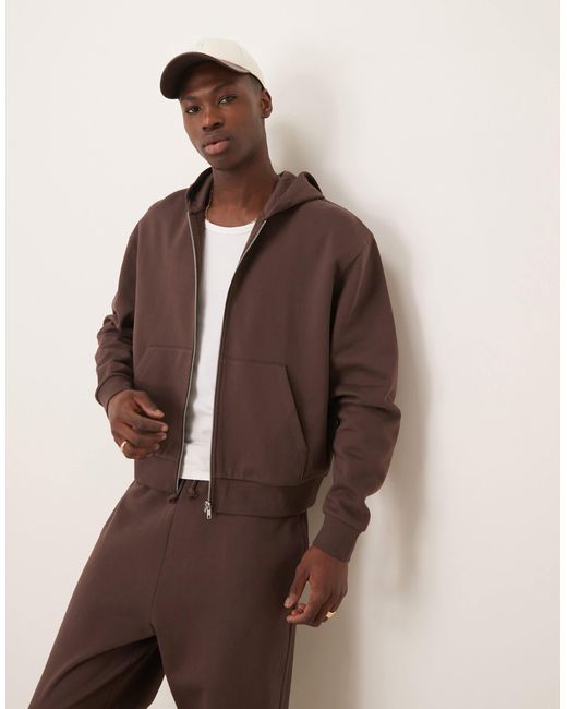 ASOS Brown Essentials Boxy Relaxed Zip Through Hoodie for men