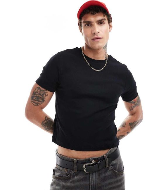 ASOS Black Essential Muscle Fit Cropped Ribbed T-shirt for men