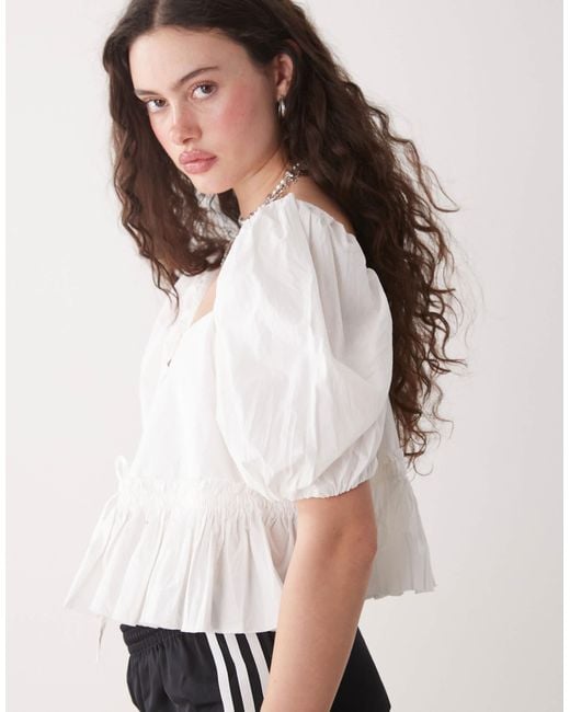 Monki White Puff Sleeve Milkmaid Peplum Blouse