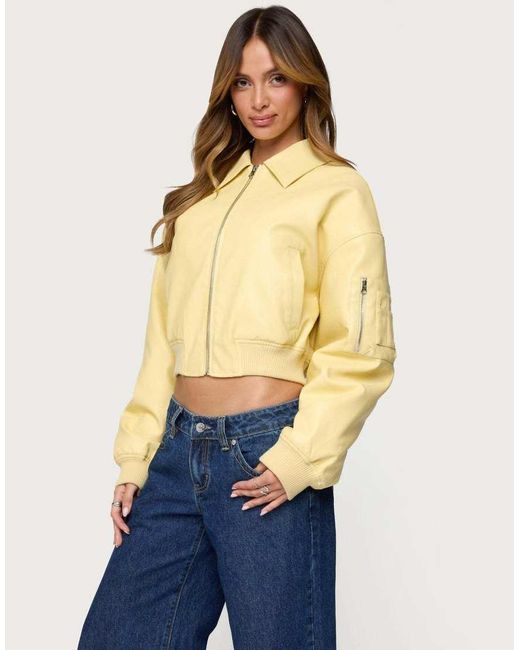 Edikted Blue Zayna Cropped Faux Leather Bomber Jacket