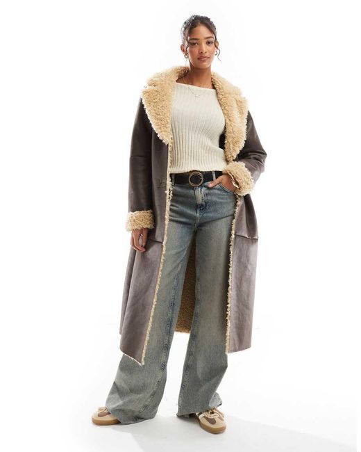 Bershka Brown Shearling Oversized Maxi Jacket