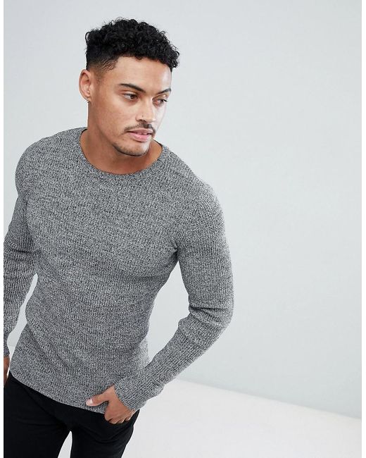 ASOS Denim Muscle Fit Ribbed Sweater In Black & White Twist in Gray for