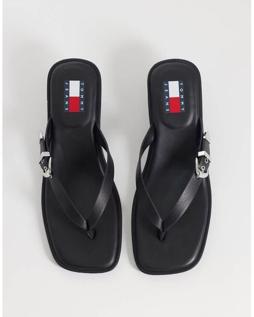 Tommy Hilfiger Black Premium Leather Kitten Heel Sandals